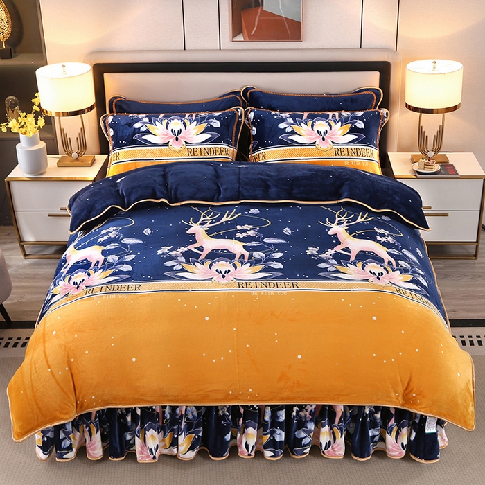 91家纺网 家纺一手货源 找家纺 望淮 2025新款230g印花金貂绒牛奶绒四件套 梦幻小鹿