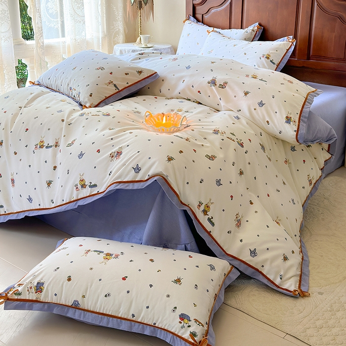 91家纺网 家纺一手货源 找家纺 丫丫家纺 2024小红书直播热款韩版全棉磨毛四件套秋冬加厚保暖全棉四件套美式复古蝴蝶结小清新床单床笠款四件套 南瓜兔