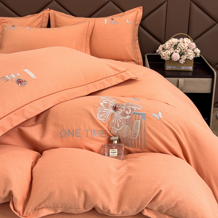 91家纺网 家纺一手货源 找家纺 U品汇 2024新品生态加厚长绒棉纯棉绣花全棉磨毛刺绣四件套直播 蝶恋花-活力桔