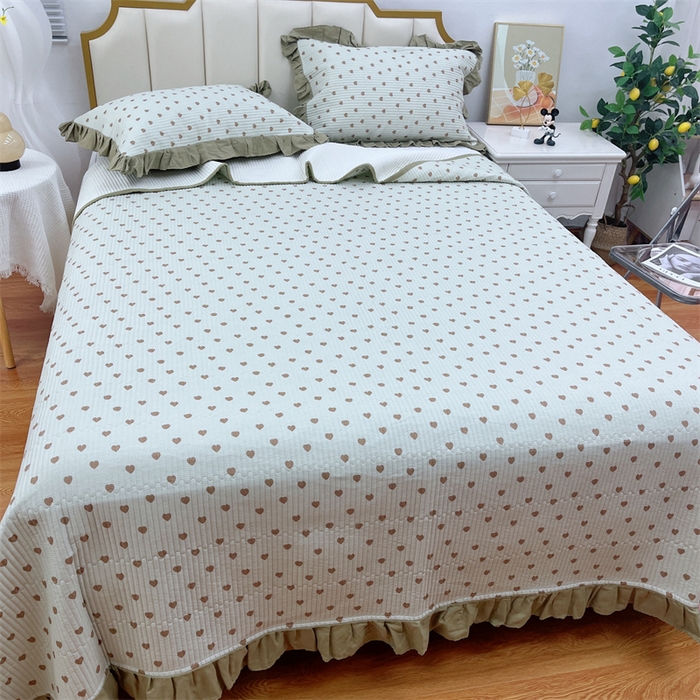 91家纺网 家纺一手货源 找家纺 暖居 2024新款A类双层纱全棉床盖三件套防滑不跑床绗缝加厚纯棉床单 爱心芥末