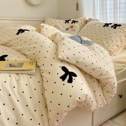 91家纺网 家纺一手货源 找家纺 （总）2024新款ins博主风爆款纯色波点蝴蝶结毛巾绣软糯糯水洗m四件套（专版花型）