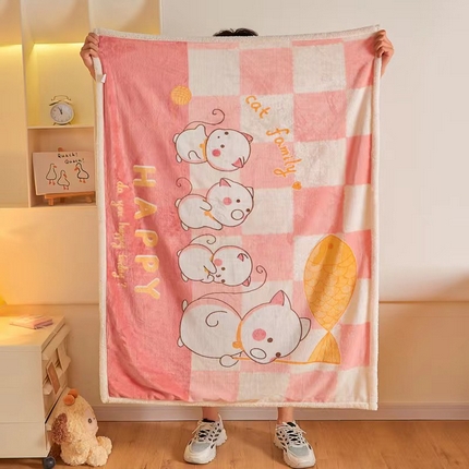 91家纺网 家纺一手货源 找家纺 茗婷家纺 2025款羊羔绒双层加厚保暖儿童毛毯云毯供外贸跨境亚马逊TRMU 快乐小猫