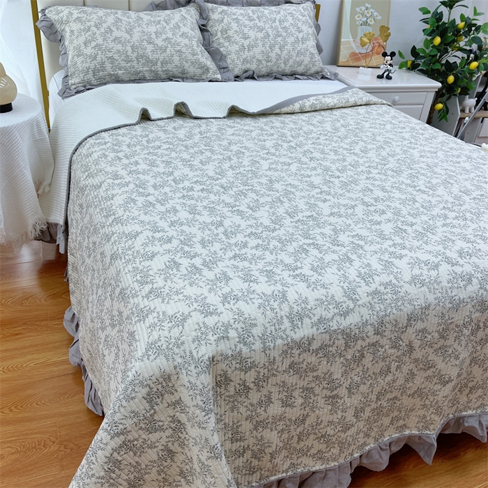 91家纺网 家纺一手货源 找家纺 暖居 2024新款A类双层纱全棉床盖三件套防滑不跑床绗缝加厚纯棉床单 清风