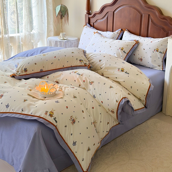 91家纺网 家纺一手货源 找家纺 丫丫家纺 2024小红书直播热款韩版全棉磨毛四件套秋冬加厚保暖全棉四件套美式复古蝴蝶结小清新床单床笠款四件套 南瓜兔