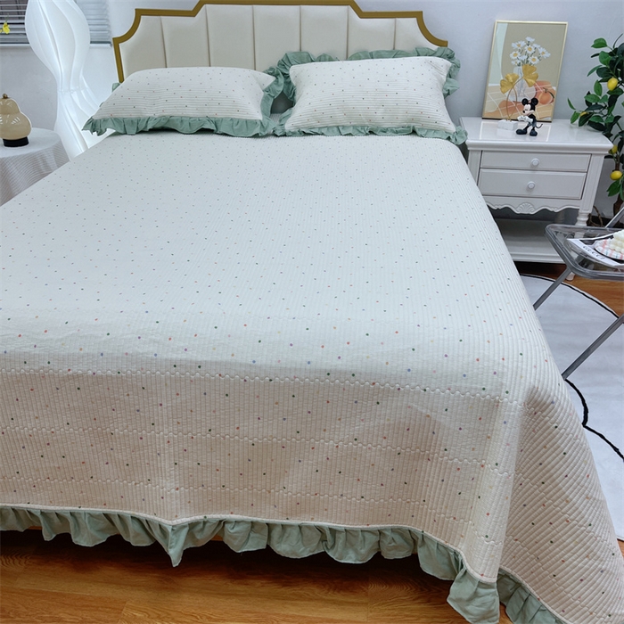 91家纺网 家纺一手货源 找家纺 暖居 2024新款A类双层纱全棉床盖三件套防滑不跑床绗缝加厚纯棉床单 奶油波点