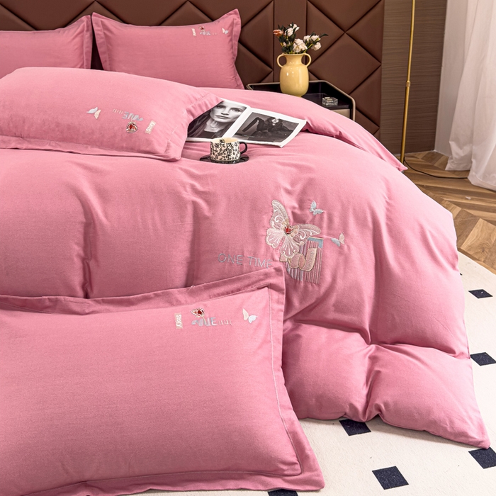 91家纺网 家纺一手货源 找家纺 U品汇 2024新品生态加厚长绒棉纯棉绣花全棉磨毛刺绣四件套直播 蝶恋花-香妃粉