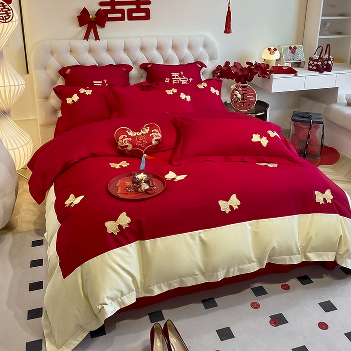 91家纺网 家纺一手货源 找家纺 玉雅家纺 2025新款60支长绒棉时尚拼色浮雕刺绣婚庆四件套 蝴蝶结-红