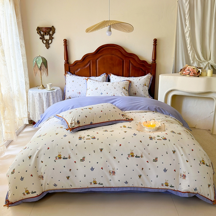 91家纺网 家纺一手货源 找家纺 丫丫家纺 2024小红书直播热款韩版全棉磨毛四件套秋冬加厚保暖全棉四件套美式复古蝴蝶结小清新床单床笠款四件套 南瓜兔