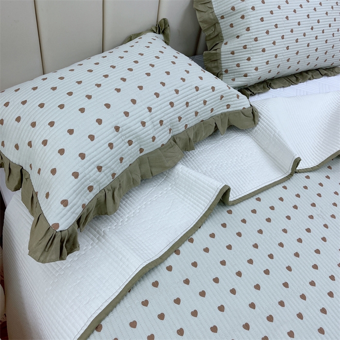 91家纺网 家纺一手货源 找家纺 暖居 2024新款A类双层纱全棉床盖三件套防滑不跑床绗缝加厚纯棉床单 爱心芥末