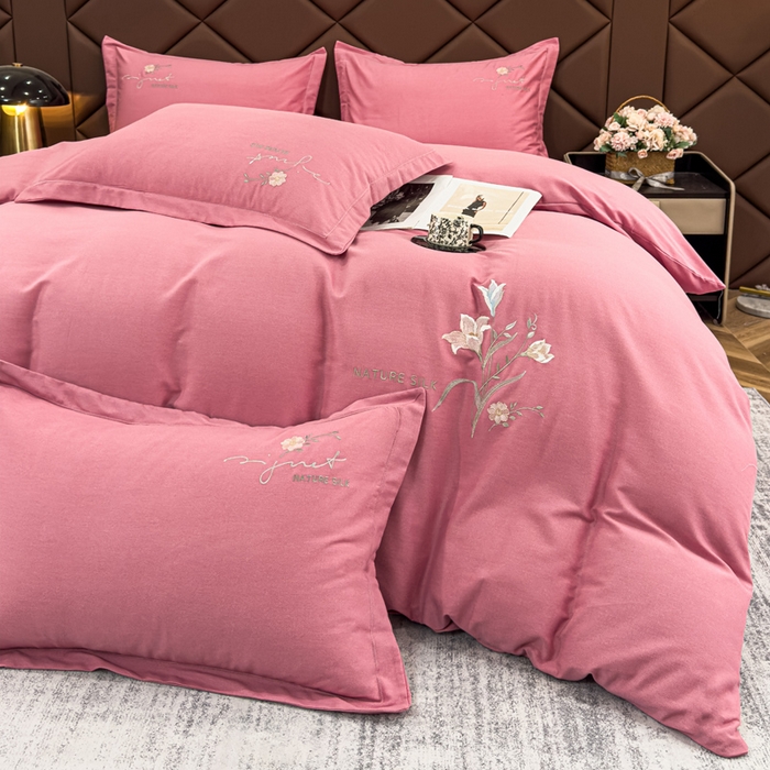 91家纺网 家纺一手货源 找家纺 U品汇 2024新品生态加厚长绒棉纯棉绣花全棉磨毛刺绣四件套直播 百合欢-香妃粉