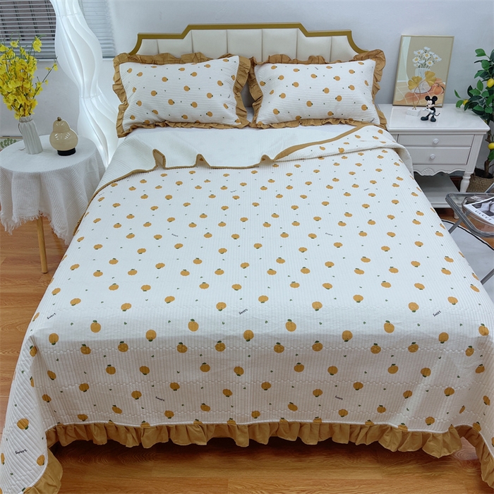 91家纺网 家纺一手货源 找家纺 暖居 2024新款A类双层纱全棉床盖三件套防滑不跑床绗缝加厚纯棉床单 橘子汽水