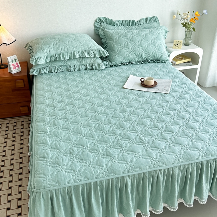 91家纺网 家纺一手货源 找家纺 忘忧草 2024新款色织水洗全棉床笠式床裙夹棉款-花颜系列 花颜-绿