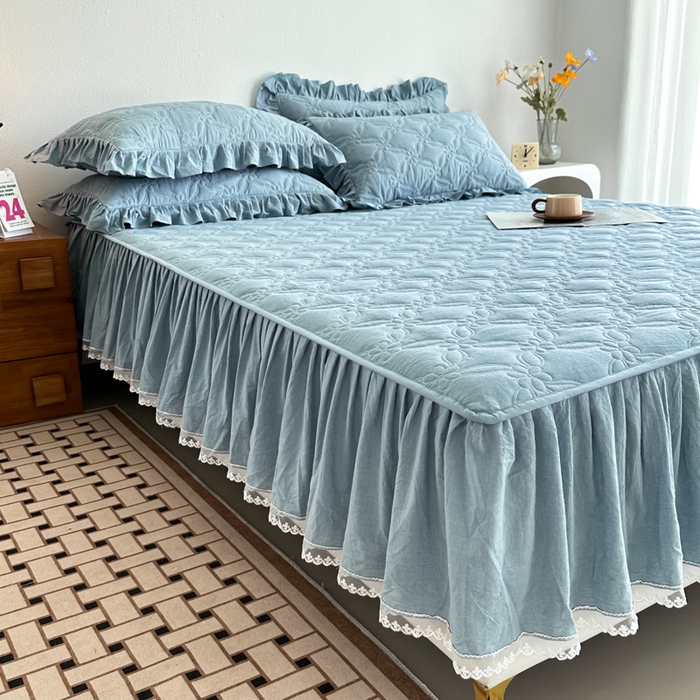 91家纺网 家纺一手货源 找家纺 忘忧草 2024新款色织水洗全棉床笠式床裙夹棉款-花颜系列 花颜-蓝