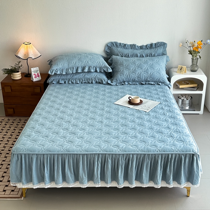 91家纺网 家纺一手货源 找家纺 忘忧草 2024新款色织水洗全棉床笠式床裙夹棉款-花颜系列 花颜-蓝