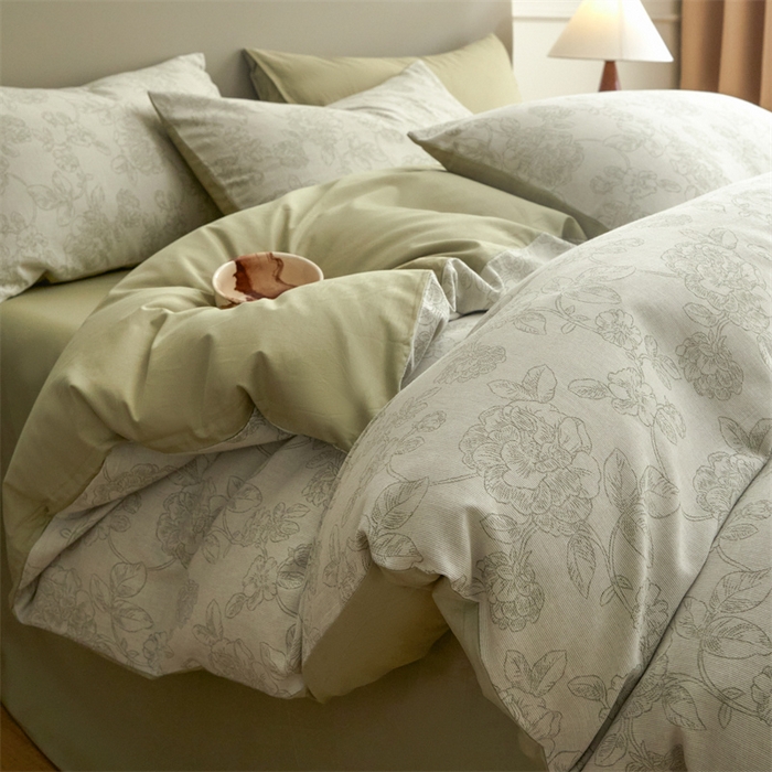 91家纺网 家纺一手货源 找家纺 慕色家纺 2024新款A类全棉色织提花四件套系列 盛芙-木果绿