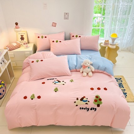 丽美人家纺 2024新款水洗棉毛巾绣卡通四件套 快乐狗-蓝