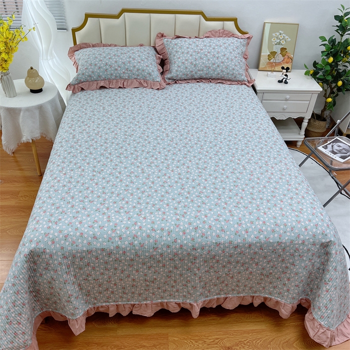 91家纺网 家纺一手货源 找家纺 暖居 2024新款A类双层纱全棉床盖三件套防滑不跑床绗缝加厚纯棉床单 苍蓝花