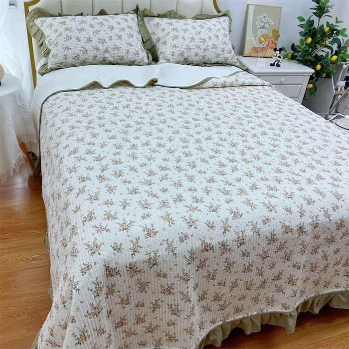 91家纺网 家纺一手货源 找家纺 暖居 2024新款A类双层纱全棉床盖三件套防滑不跑床绗缝加厚纯棉床单 花枝叶