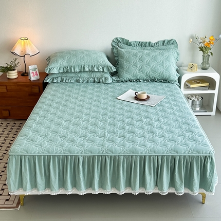 91家纺网 家纺一手货源 找家纺 忘忧草 2024新款色织水洗全棉床笠式床裙夹棉款-花颜系列 花颜-绿
