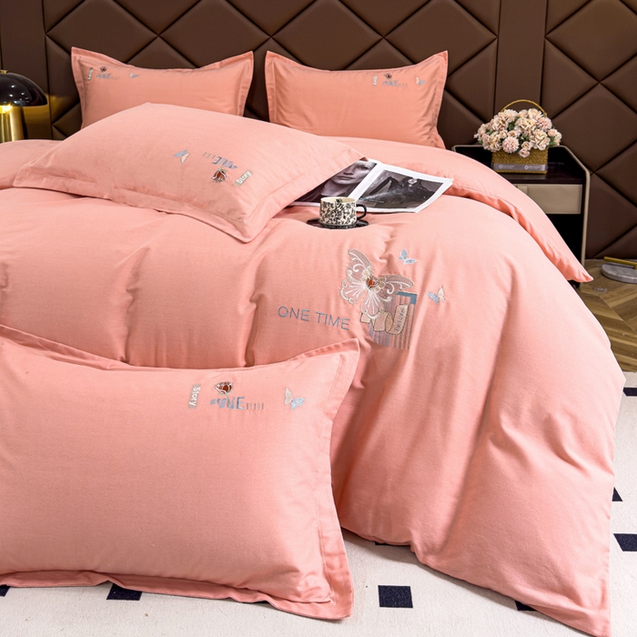 91家纺网 家纺一手货源 找家纺 U品汇 2024新品生态加厚长绒棉纯棉绣花全棉磨毛刺绣四件套直播 蝶恋花-樱花粉