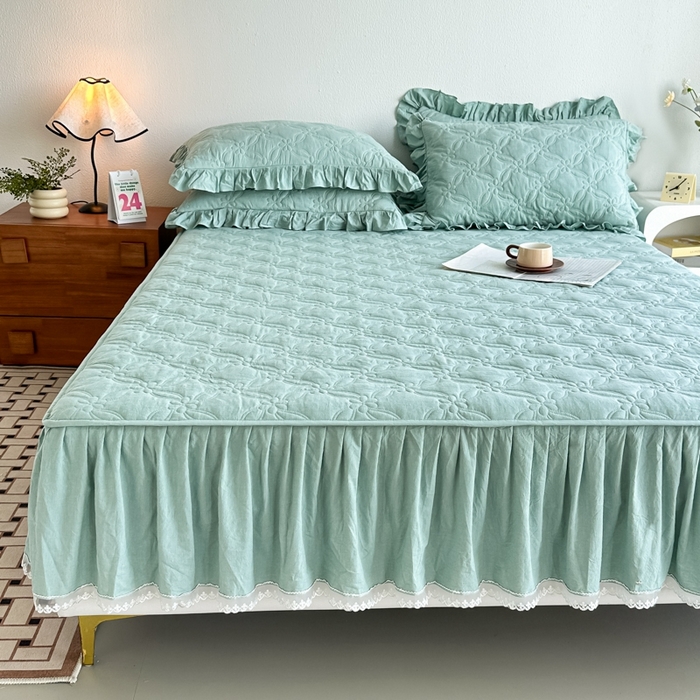 91家纺网 家纺一手货源 找家纺 忘忧草 2024新款色织水洗全棉床笠式床裙夹棉款-花颜系列 花颜-绿