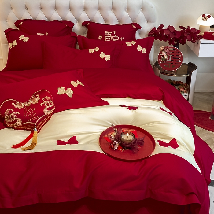 91家纺网 家纺一手货源 找家纺 玉雅家纺 2025新款60支长绒棉时尚拼色浮雕刺绣婚庆四件套 蝴蝶结-奶油黄