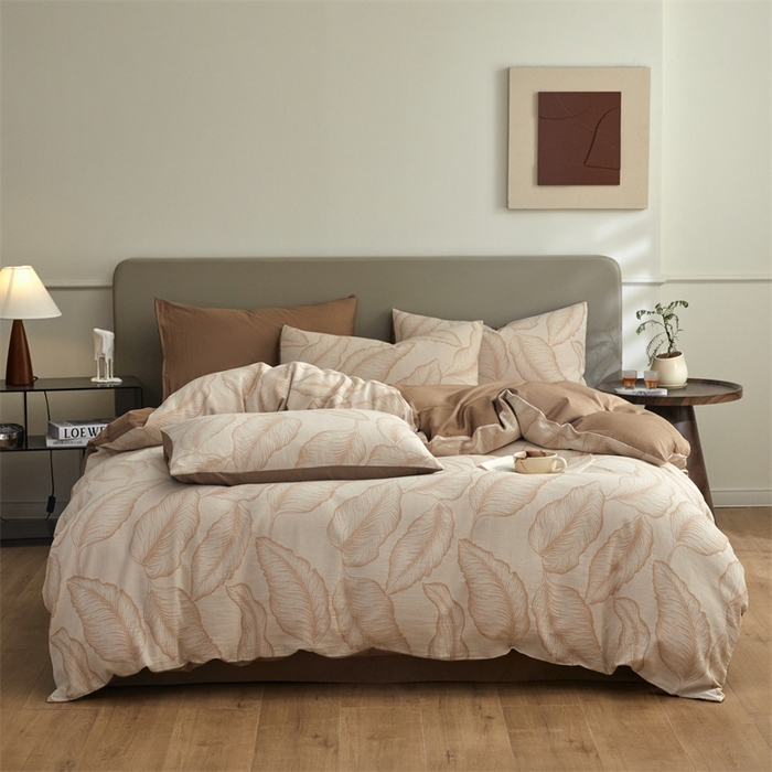 91家纺网 家纺一手货源 找家纺 慕色家纺 2024新款A类全棉色织提花四件套系列 秋思-奶茶咖