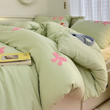 91家纺网 家纺一手货源 找家纺 （总）2024新款ins博主风爆款纯色波点蝴蝶结毛巾绣软糯糯水洗m四件套（专版花型）