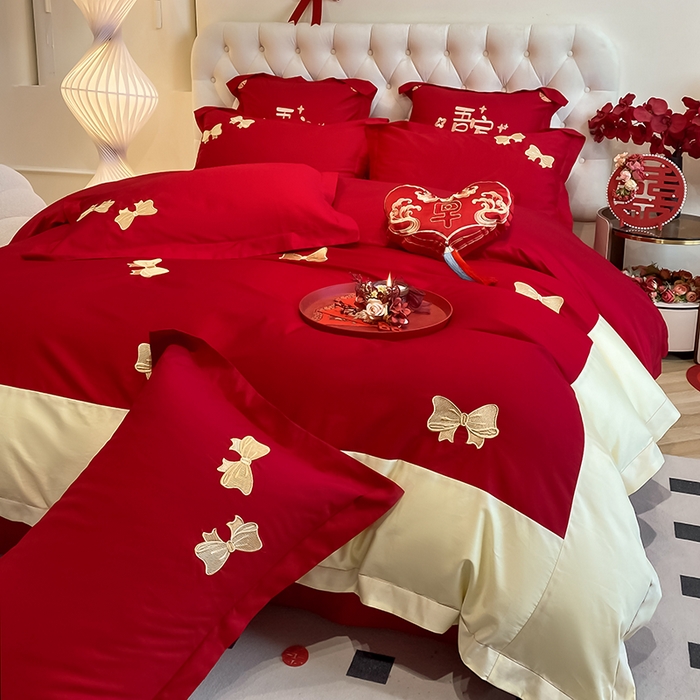 91家纺网 家纺一手货源 找家纺 玉雅家纺 2025新款60支长绒棉时尚拼色浮雕刺绣婚庆四件套 蝴蝶结-红