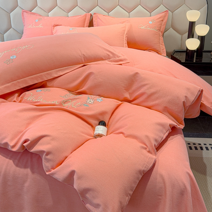 91家纺网 家纺一手货源 找家纺 U品汇 2024新品生态加厚长绒棉纯棉绣花全棉磨毛刺绣四件套直播 迪洛驰-樱花粉