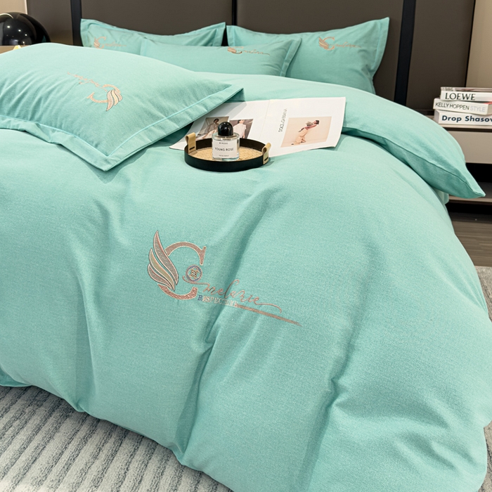 91家纺网 家纺一手货源 找家纺 U品汇 2024新品生态加厚长绒棉纯棉绣花全棉磨毛刺绣四件套直播 飞羽-清新绿