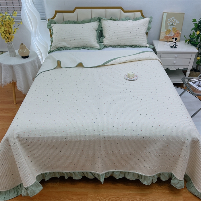 91家纺网 家纺一手货源 找家纺 暖居 2024新款A类双层纱全棉床盖三件套防滑不跑床绗缝加厚纯棉床单 奶油波点