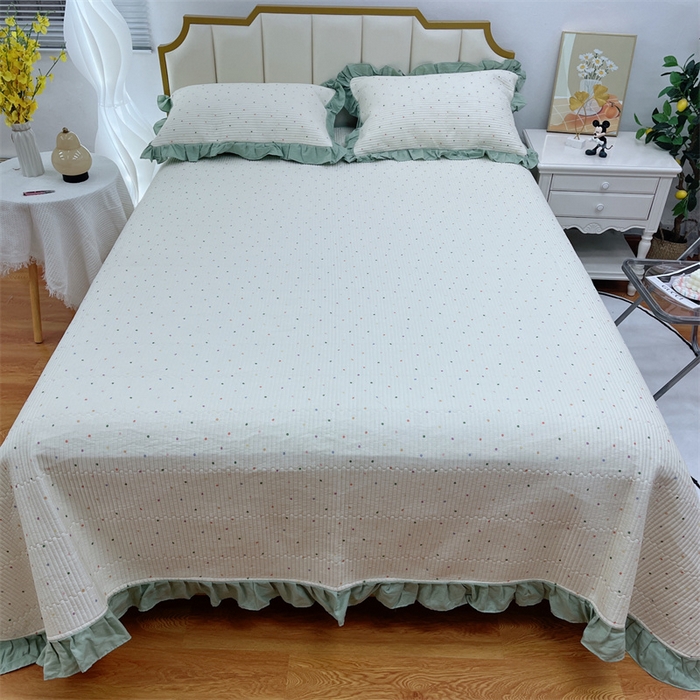 91家纺网 家纺一手货源 找家纺 暖居 2024新款A类双层纱全棉床盖三件套防滑不跑床绗缝加厚纯棉床单 奶油波点