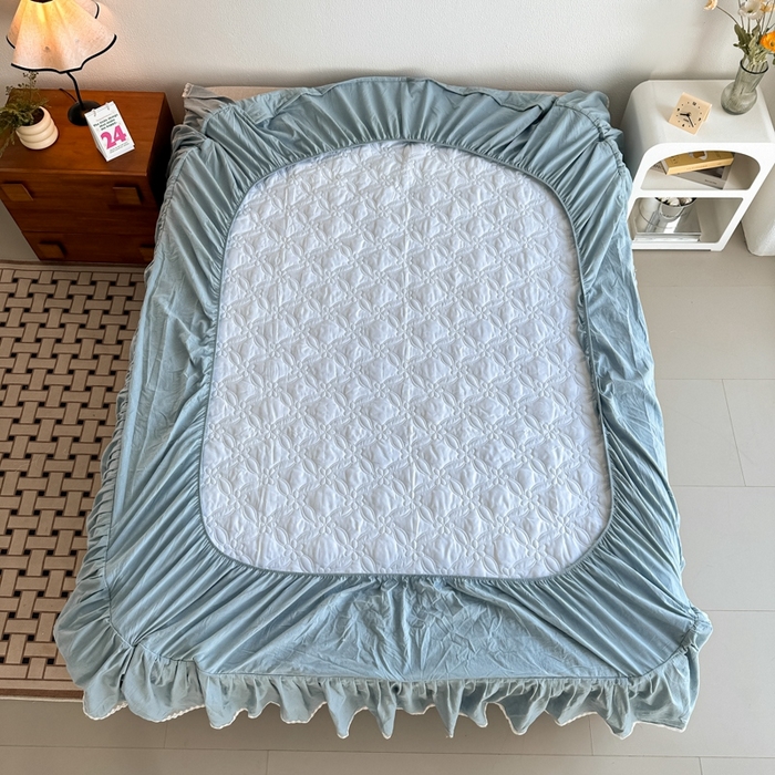 91家纺网 家纺一手货源 找家纺 忘忧草 2024新款色织水洗全棉床笠式床裙夹棉款-花颜系列 花颜-蓝