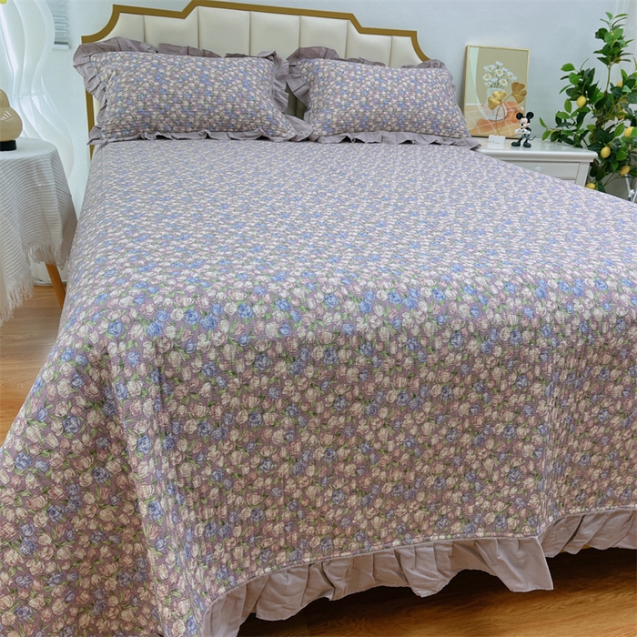 91家纺网 家纺一手货源 找家纺 暖居 2024新款A类双层纱全棉床盖三件套防滑不跑床绗缝加厚纯棉床单 紫霞