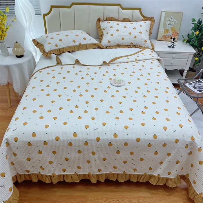 91家纺网 家纺一手货源 找家纺 暖居 2024新款A类双层纱全棉床盖三件套防滑不跑床绗缝加厚纯棉床单 橘子汽水