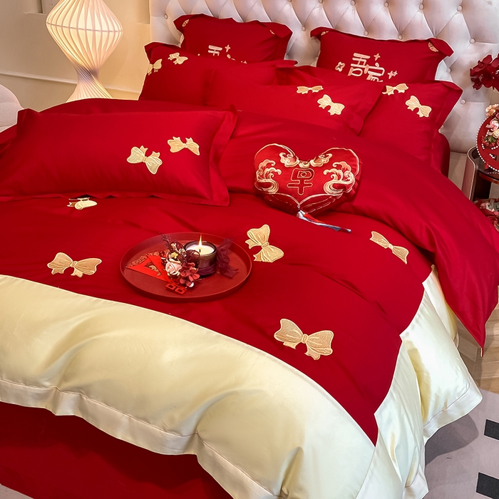 91家纺网 家纺一手货源 找家纺 玉雅家纺 2025新款60支长绒棉时尚拼色浮雕刺绣婚庆四件套 蝴蝶结-红