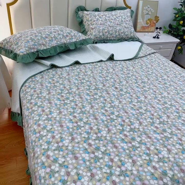 91家纺网 家纺一手货源 找家纺 暖居 2024新款A类双层纱全棉床盖三件套防滑不跑床绗缝加厚纯棉床单 青藤