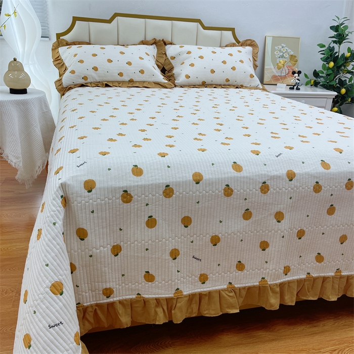 91家纺网 家纺一手货源 找家纺 暖居 2024新款A类双层纱全棉床盖三件套防滑不跑床绗缝加厚纯棉床单 橘子汽水