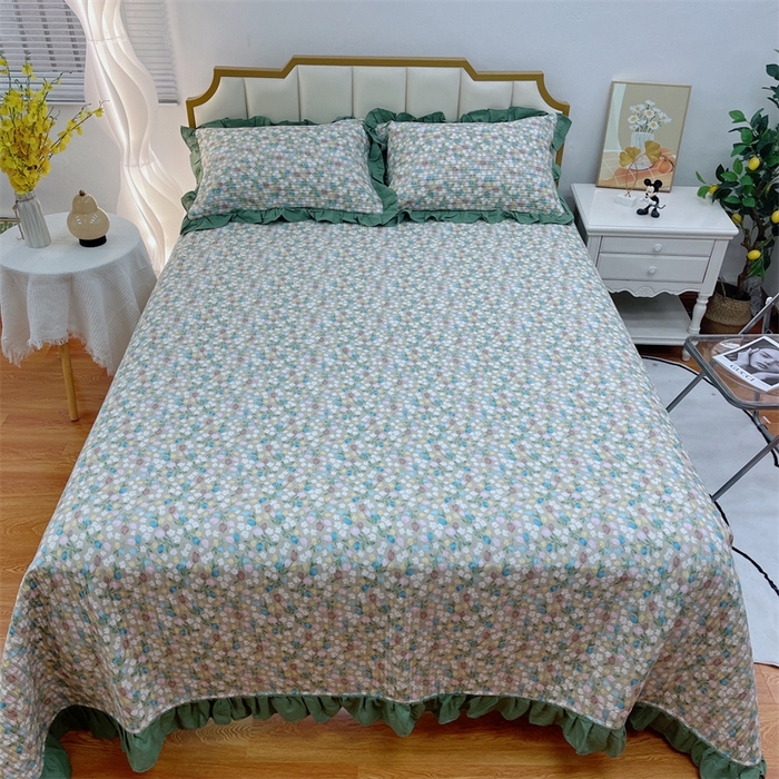 91家纺网 家纺一手货源 找家纺 暖居 2024新款A类双层纱全棉床盖三件套防滑不跑床绗缝加厚纯棉床单 青藤