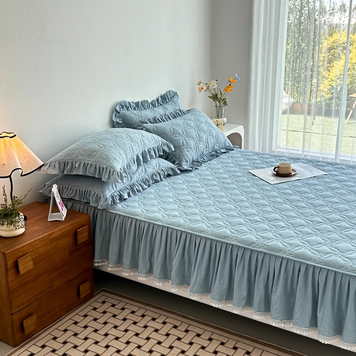 91家纺网 家纺一手货源 找家纺 忘忧草 2024新款色织水洗全棉床笠式床裙夹棉款-花颜系列 花颜-蓝