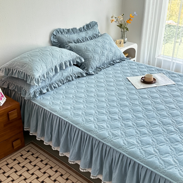 91家纺网 家纺一手货源 找家纺 忘忧草 2024新款色织水洗全棉床笠式床裙夹棉款-花颜系列 花颜-蓝