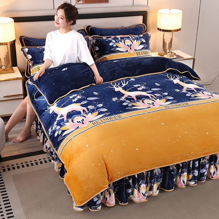 91家纺网 家纺一手货源 找家纺 望淮 2025新款230g印花金貂绒牛奶绒四件套 梦幻小鹿