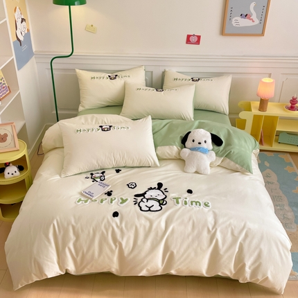 91家纺网 家纺一手货源 找家纺 丽美人家纺 2024新款水洗棉毛巾绣卡通四件套 顽皮狗