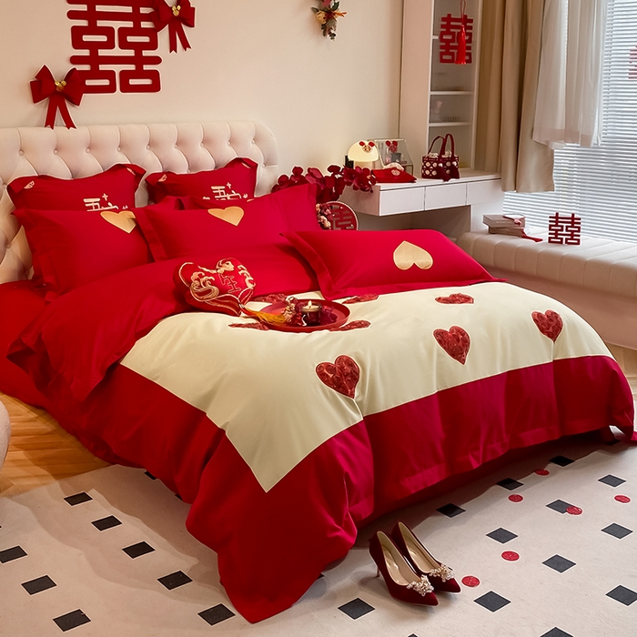 91家纺网 家纺一手货源 找家纺 玉雅家纺 2025新款60支长绒棉时尚拼色浮雕刺绣婚庆四件套 恩爱-奶油黄