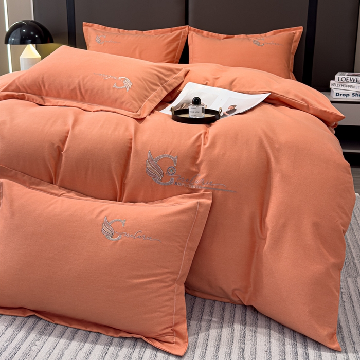 91家纺网 家纺一手货源 找家纺 U品汇 2024新品生态加厚长绒棉纯棉绣花全棉磨毛刺绣四件套直播 飞羽-活力桔