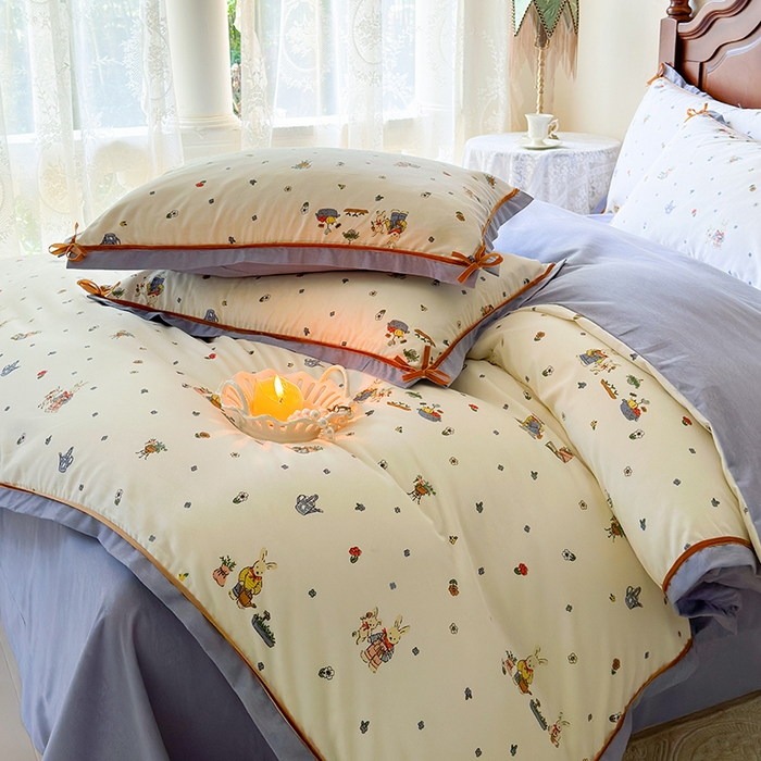 91家纺网 家纺一手货源 找家纺 丫丫家纺 2024小红书直播热款韩版全棉磨毛四件套秋冬加厚保暖全棉四件套美式复古蝴蝶结小清新床单床笠款四件套 南瓜兔