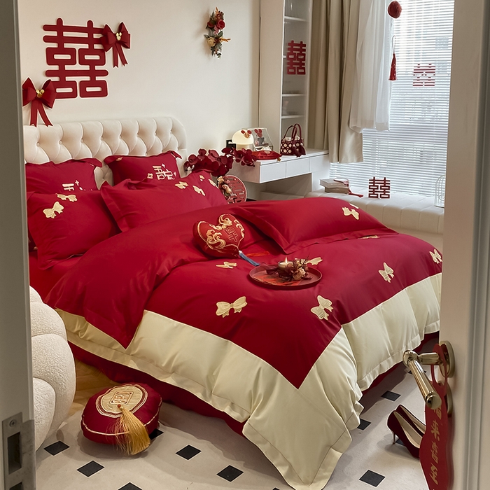 91家纺网 家纺一手货源 找家纺 玉雅家纺 2025新款60支长绒棉时尚拼色浮雕刺绣婚庆四件套 蝴蝶结-红