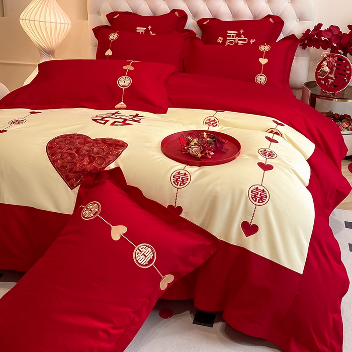 91家纺网 家纺一手货源 找家纺 玉雅家纺 2025新款60支长绒棉时尚拼色浮雕刺绣婚庆四件套 情缘