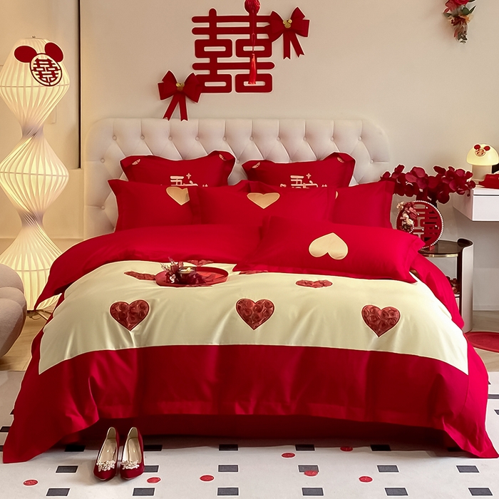 91家纺网 家纺一手货源 找家纺 玉雅家纺 2025新款60支长绒棉时尚拼色浮雕刺绣婚庆四件套 恩爱-奶油黄